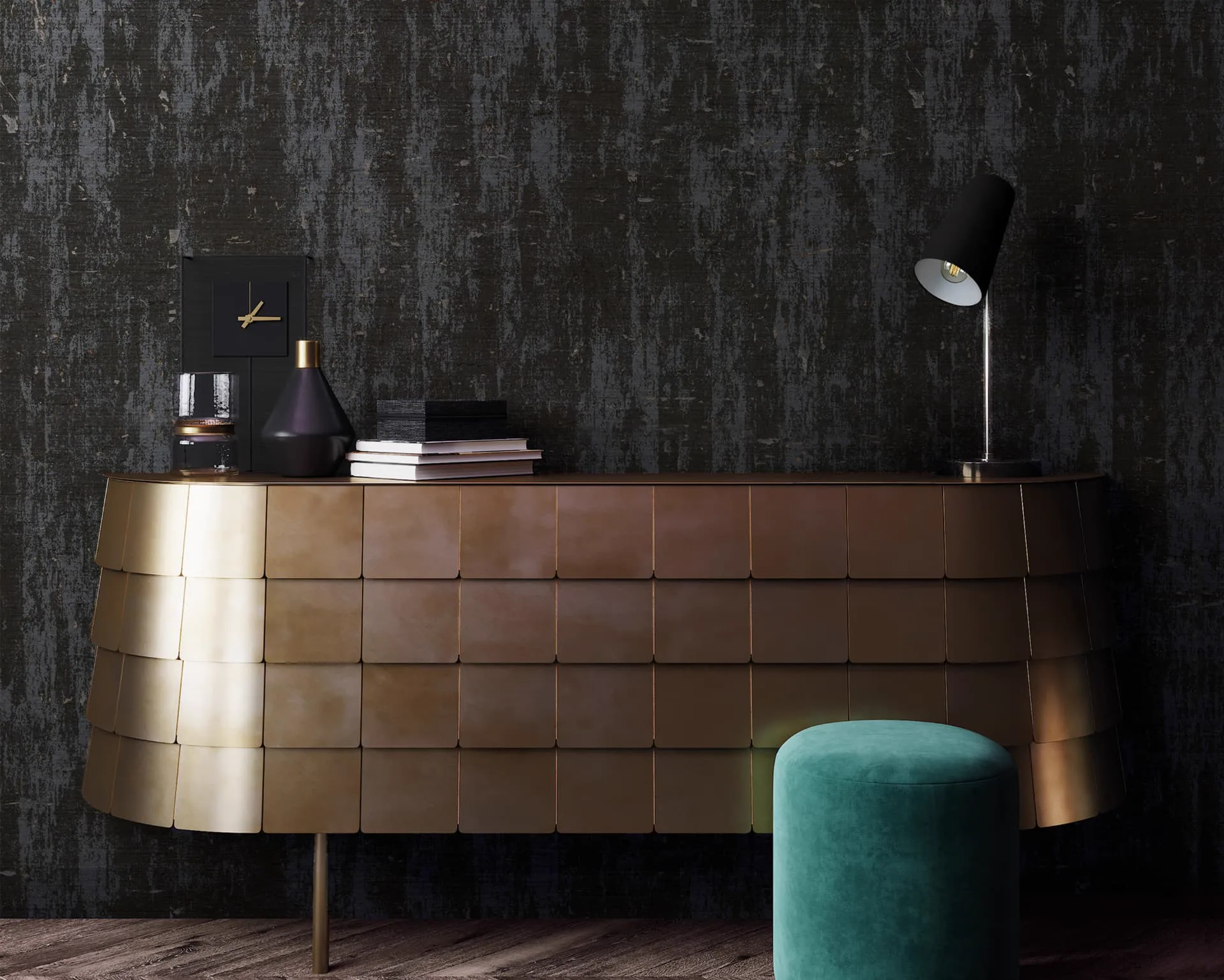 Dark charcoal cork wallcovering with flecks of metallic tone behind a curved bronze sideboard, black desk lamp and teal velvet stool