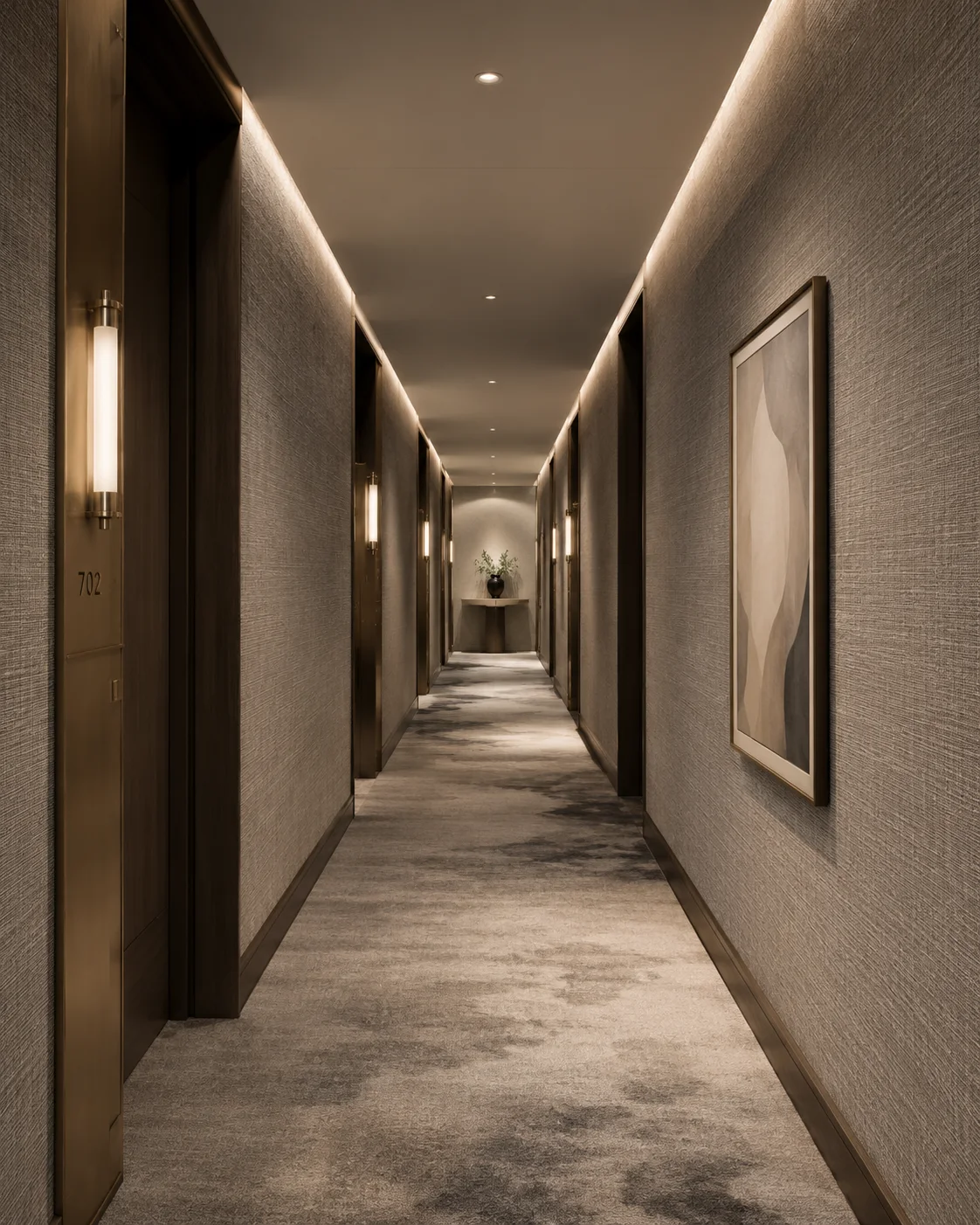 Softly lit hotel corridor lined with a fine textured wallcovering, bronze-framed doors, slim wall lights and an abstract framed artwork