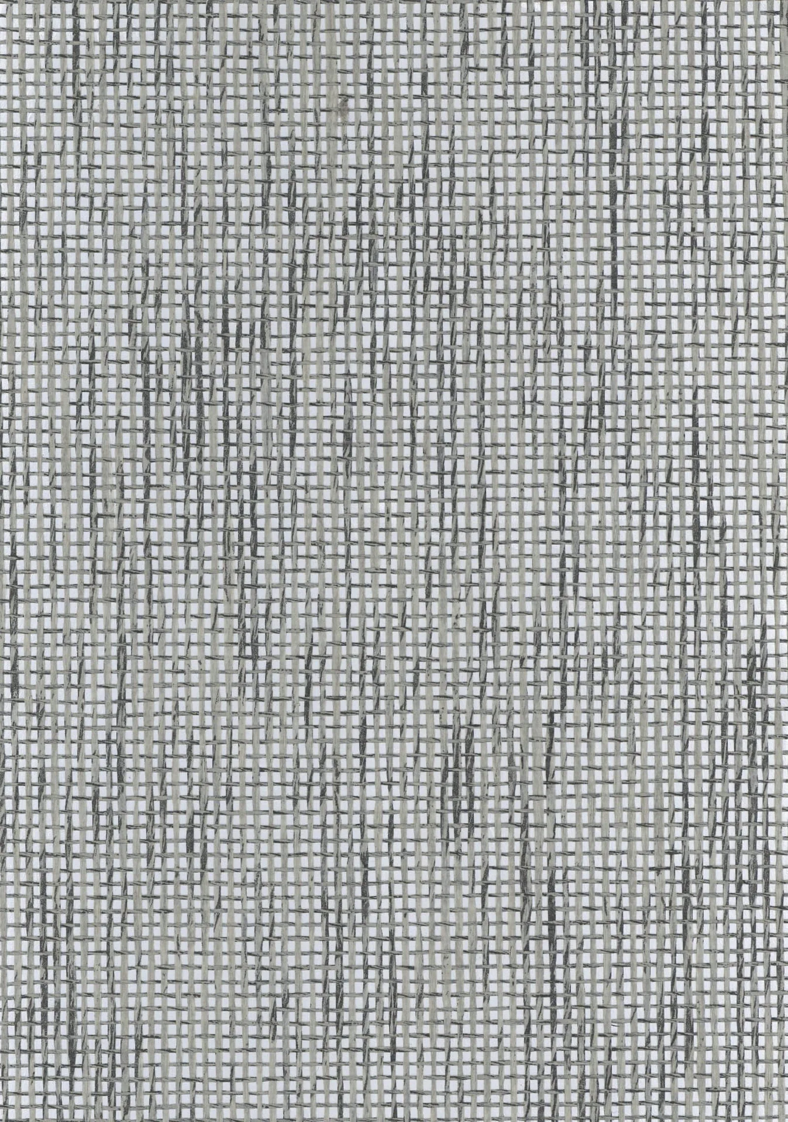Close-up of a pale grey paper weave wallcovering with an open cross weave and darker charcoal flecks