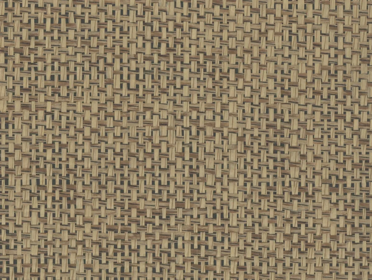 Close-up of a natural tan and brown paper weave wallcovering showing its interlaced strands over a dark ground