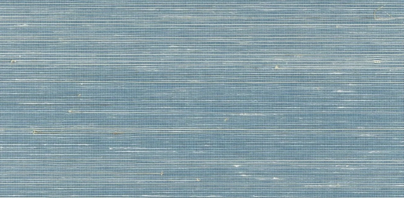 Close-up of a soft blue abaca wallcovering with fine horizontal fibres, pale slubs and small natural knots