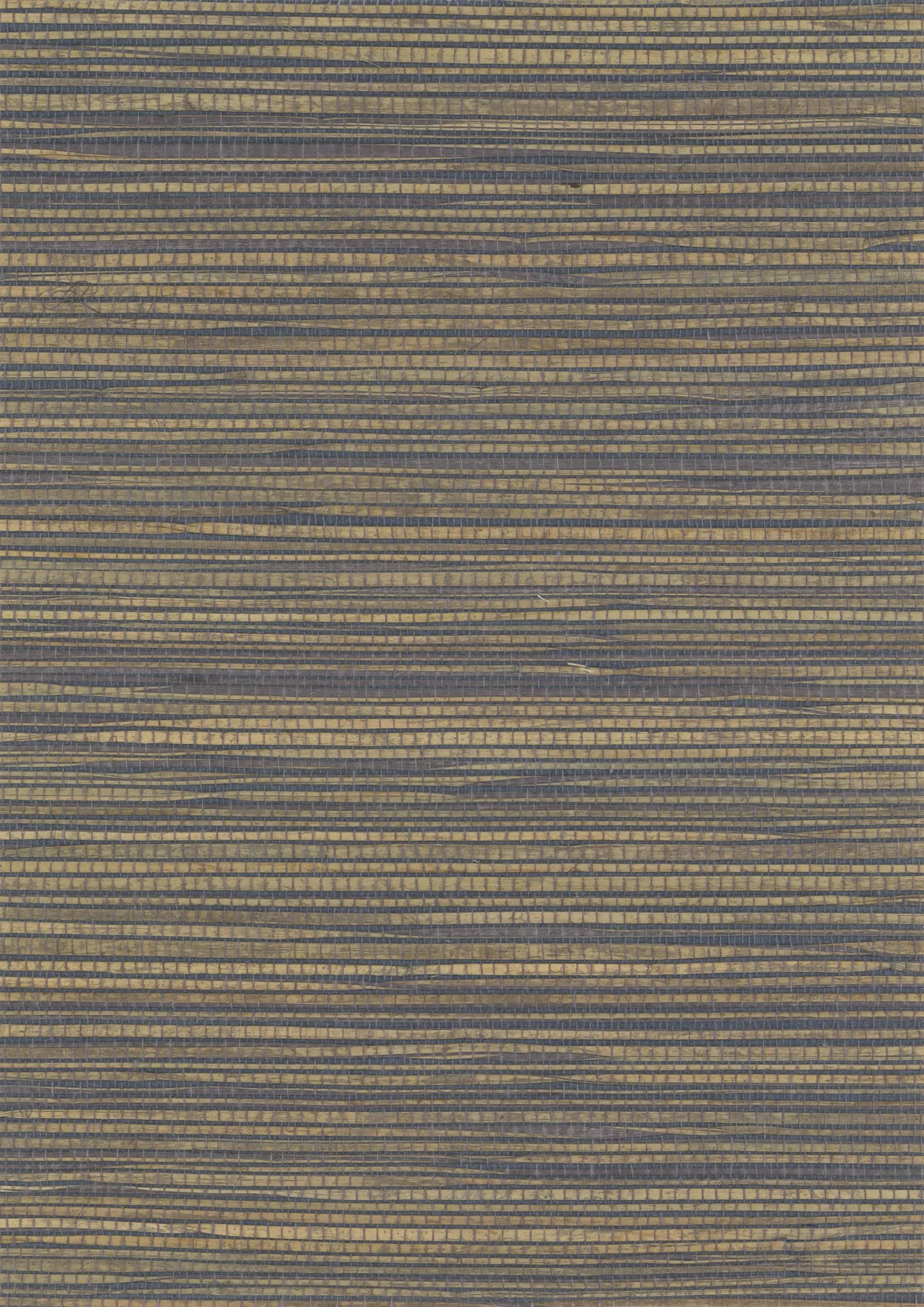 Close-up of a grasscloth wallcovering with fine horizontal golden strands over a slate-blue ground