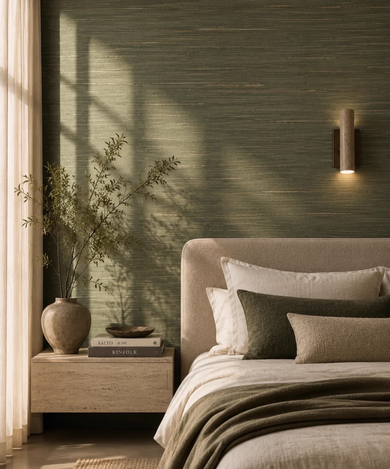 Bedroom with a sage-green hemp wallcovering catching low sunlight behind an upholstered bed, a travertine bedside table and a stone wall light