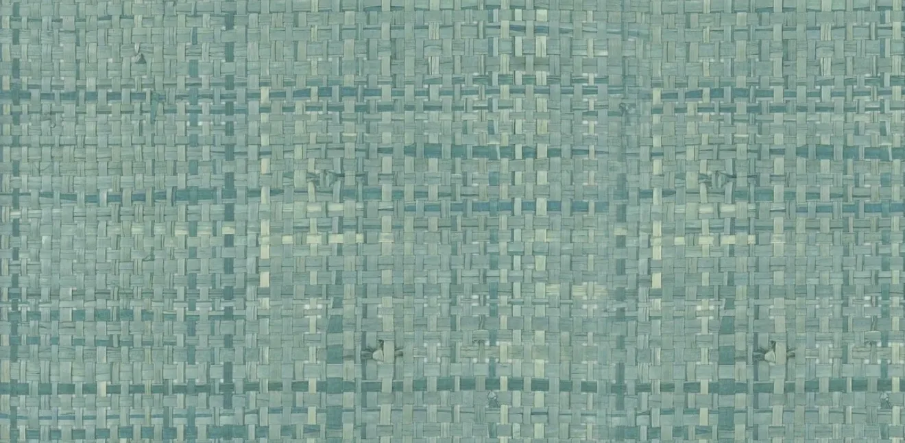 Close-up of a pale aqua raffia wallcovering with a basket weave and natural fibre knots