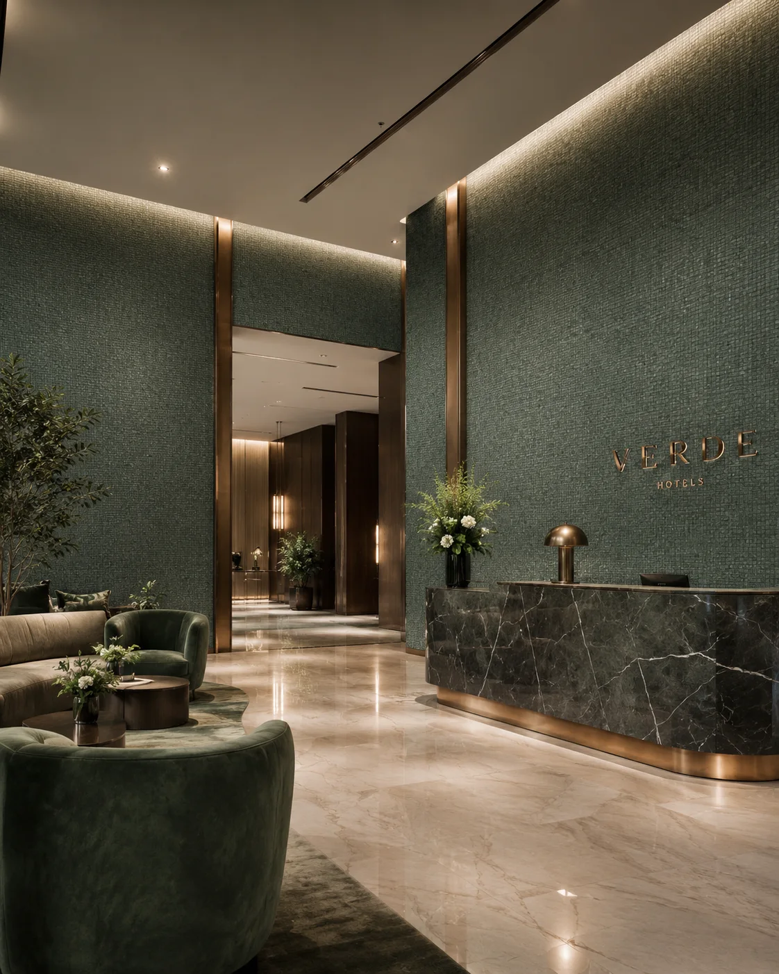 Refined hotel lobby with deep green textured wallcovering, bronze detailing, a dark marble reception desk and green velvet seating