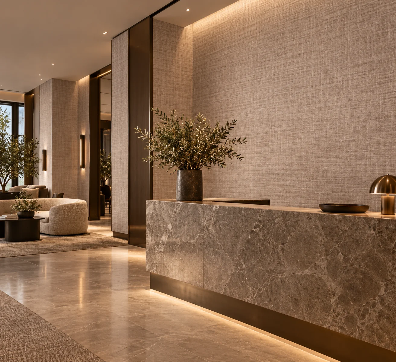 Warmly lit reception with a fine woven-texture wallcovering behind a grey marble desk, olive branches in a stone vase and a brass lamp