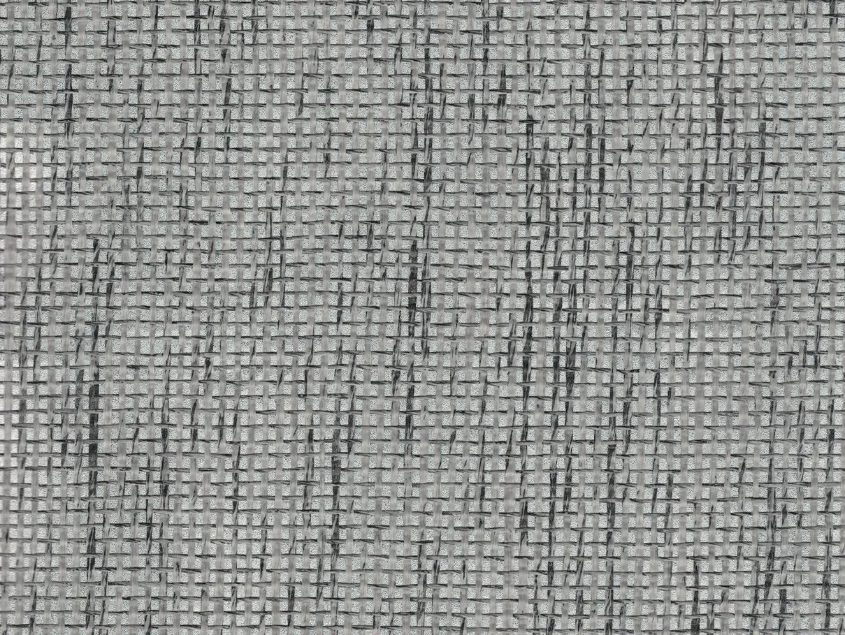 Close-up of a silver-grey paper weave wallcovering with a fine interlaced structure and charcoal flecks