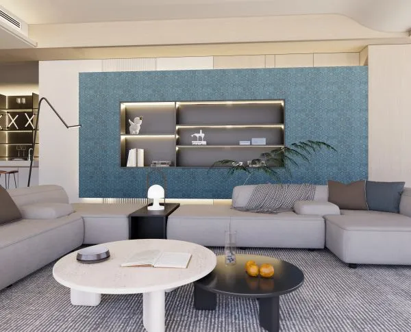 Indigo Hex — wood veneer wallcovering, SKU NDG-HEX