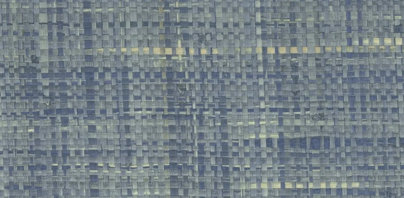 Close-up of a blue-grey raffia wallcovering with a tight woven structure and pale fibre accents