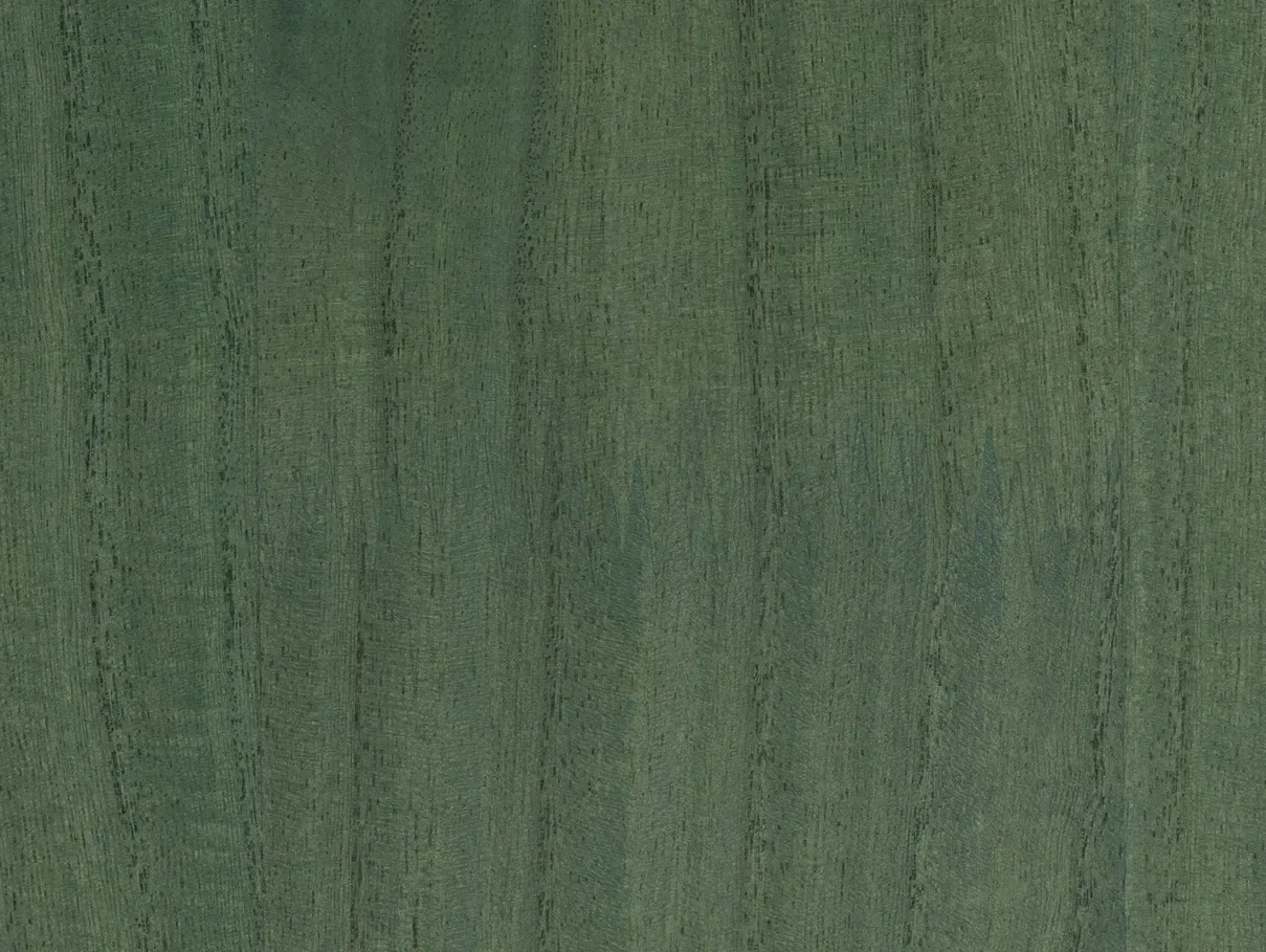 Close-up of a deep green wood veneer wallcovering with a fine vertical grain and natural markings