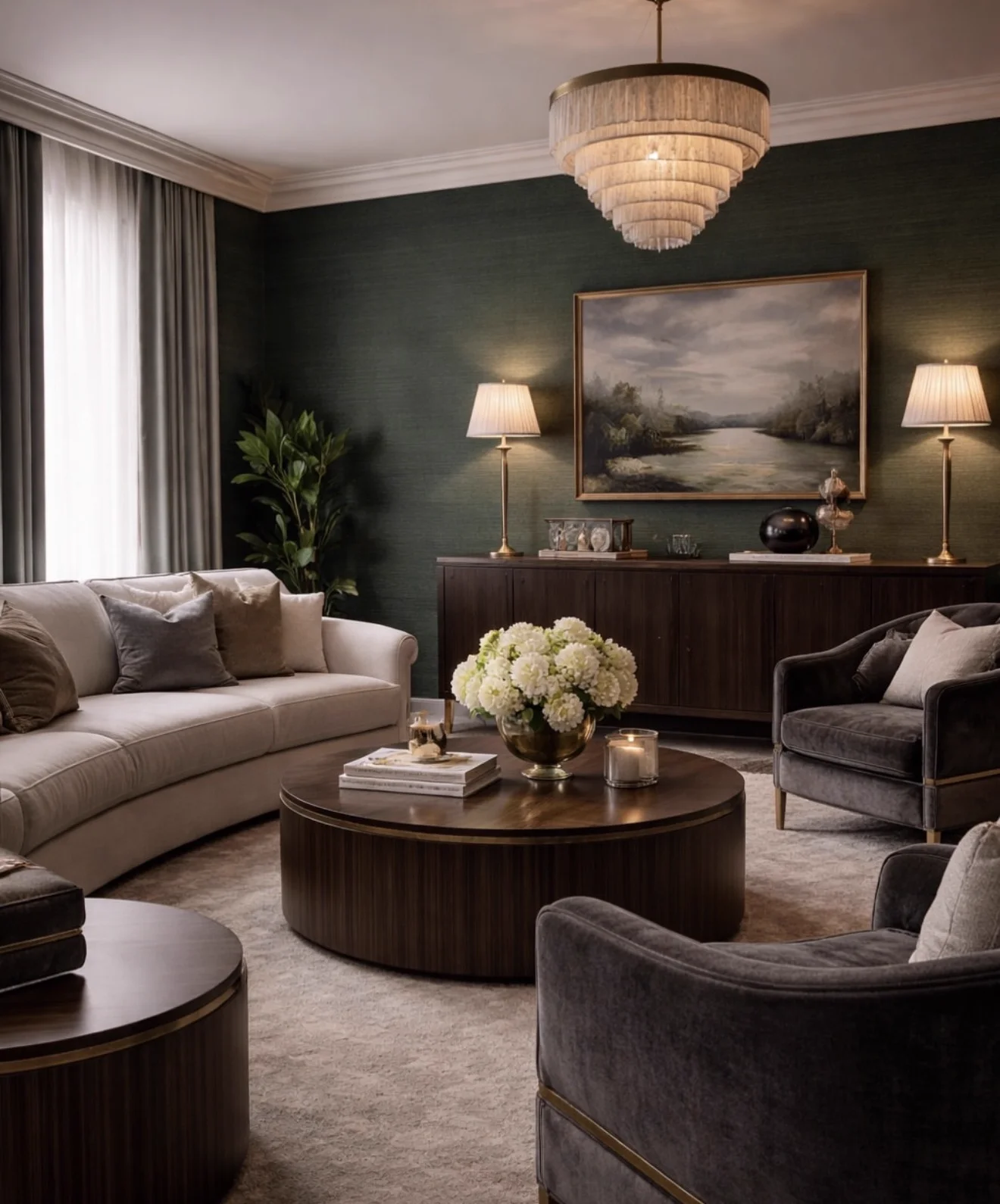 Drawing room with a deep green sisal wallcovering behind a dark wood sideboard, a framed landscape painting, brass lamps and a tiered chandelier